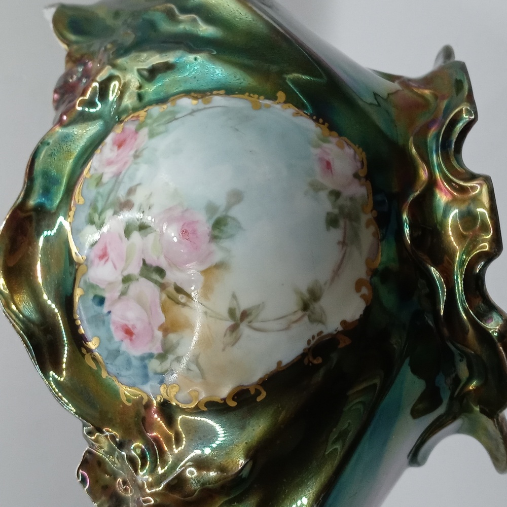 Gorgeous Antique Hand Painted and Signed Luster Ware and Roses Centerpiece Bowl - Picture 7 of 11